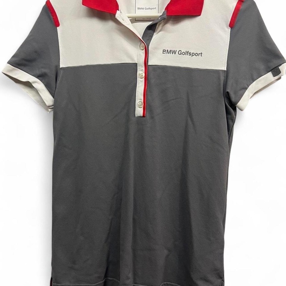 BMW Golf Sport polo shirt with red, white, and gray color blocking
